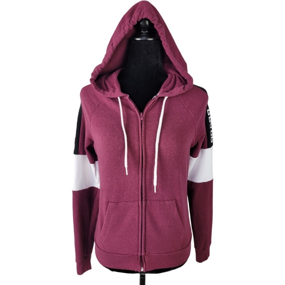 Pink Victoria’s Secret Burgundy Wht Black Colorblock full zip hooded sweater XS